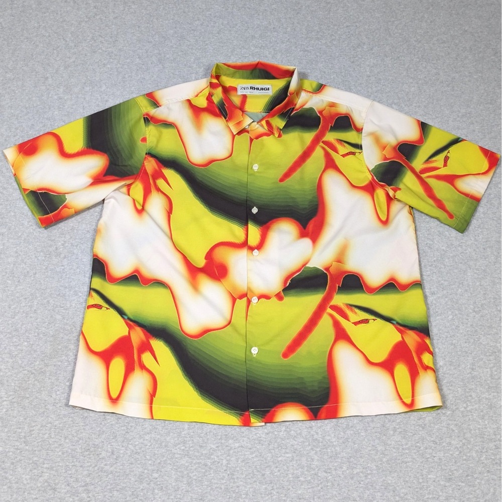 Zara x Rhuigi Print Shirt Rhu Rhude Mens Large Abstract Tie-Dye Green Yellow